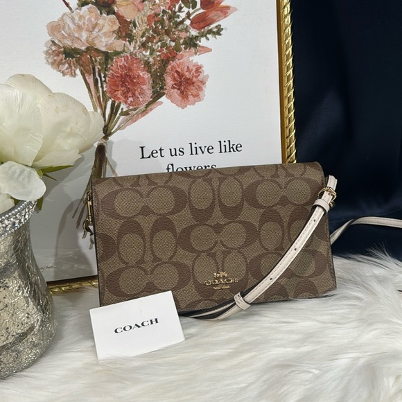 🤍🤎Coach Anna Foldover Clutch Crossbody In Signature Canvas - Picture 8 of 16